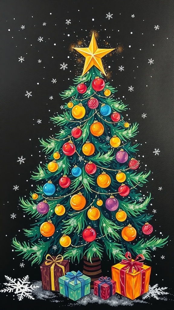 A colorful Christmas tree painting on a black background with ornaments and snowflakes.